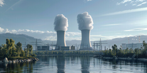 view from the tower of the hall,  A image of a nuclear power plant with cooling towers and reactors, illustrating the generation of electricity through nuclear fission