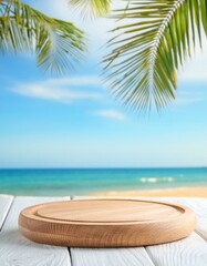 beach with palm trees, A minimal summer background sets the stage for an empty podium or pedestal platform perfect for cosmetic products in  a mockup