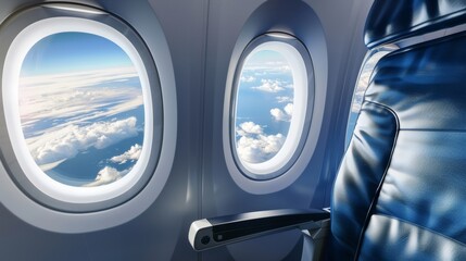 Plane window, clouds and blue sky seen through it