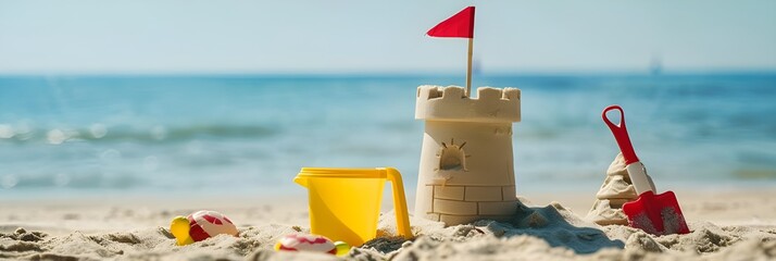 Beautiful summer vacation moment of Sandcastle on the beach next to a bucket and a toy shovel in the sunlight digital art, summer banner. summer background