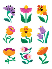 Set of stylizet contemporary bold vivid flowers. Vector floral design elements for banners, flyers, invitation, event announcement, billboard for flower market, festivals, shows. Template of poster.