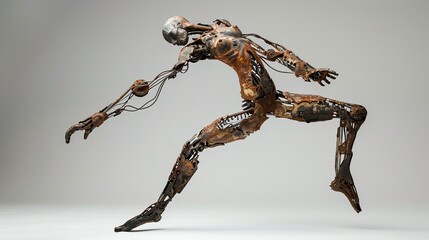 Capture the intricate, dystopian gears of a biomechanical ballet dancer, with rusted metal joints and ethereal movements, using a canted angle to evoke unease