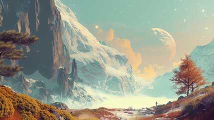 Craft a digital artwork with minimalist style featuring a surreal landscape viewed from the side Incorporate unexpected top-down camera angles to add depth and mystery