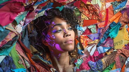 Craft a mesmerizing portrait featuring a textile artist surrounded by floating sustainable fabric scraps