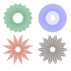 A set of four multi-colored guilloche