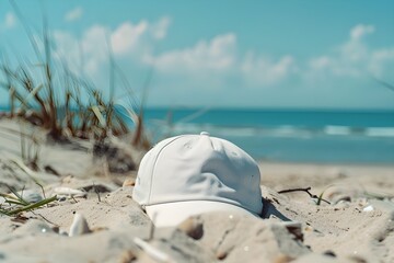 Summer vacation concept white hat on a tropical beach. Cap mockup, hat on beach, white cap on beach, summer vibes. Tropical Beach White Hat Summer