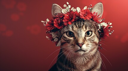 A beautiful cat wearing a wreath of red and white flowers. The cat is looking at the camera with a...