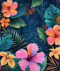 Fototapeta premium Vibrant illustration of tropical flowers with pink hibiscus blossoms, lush green leaves, and bright orange foliage.