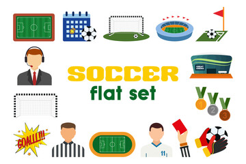 Soccer icons with referees objects, goal, trophy, ball, boots. Soccer support team and fan elements illustration flat vector