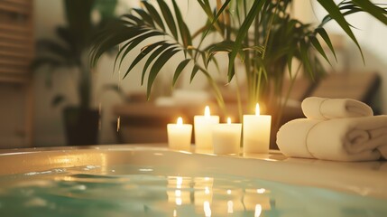 A close-up image of a bathtub filled with water and surrounded by candles and a plant. The candles are lit and the water is rippling.