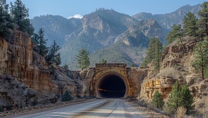 Capture the rugged beauty of a mountain tunnel entrance, emphasizing the engineering feat of carving through solid rock.