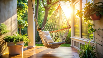 A white hammock is hanging from a porch