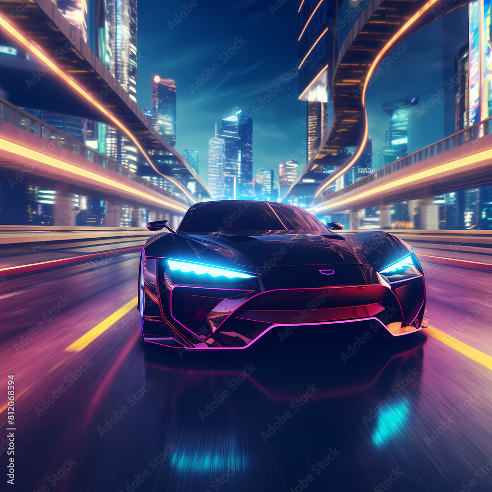 Canvas Prints A futuristic car speeding on a neon-lit highway.