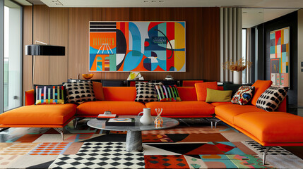 Modern interior with art. Living room with orange sofa