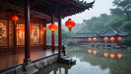 A traditional Chinese pavilion with ornate lanterns and a pond in the foreground , on a rainy day...