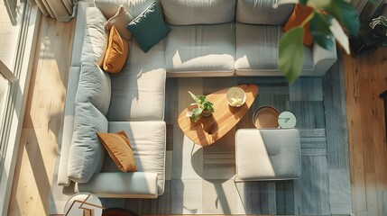 Top view of a cozy living room with a sectional sofa and modern furniture, with a natural light background, concept of home interior. Generative AI