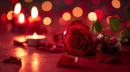 Red roses and candle for valentines day Romantic concept
