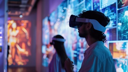 Obraz premium People viewing the exhibition and digital content. Art exhibition with augmented reality, virtual museum tour concept