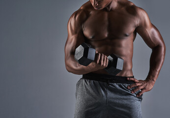 Fitness, black man and arm weights with trainer, muscle and strong with power from gym workout....