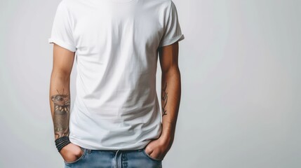 Obraz premium Person in a blank white t-shirt and denim jeans on a light background, ideal for branding mockups