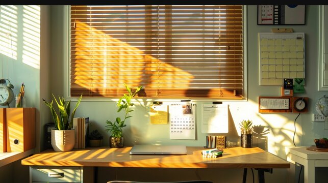 A photo of a desk with a laptop, plants, and a calendar on the wall behind it