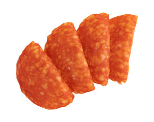 folded slices of chorizo salami sausage isolated, top view, pieces of sliced sausage laid out to...