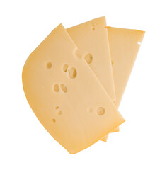 maasdam cheese slices with holes closeup, swiss cheese isolated, top view
