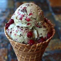 Pistachio ice cream cone with chocolate and berry sprinkles