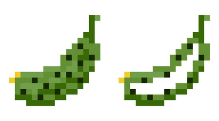 Obraz premium Cucumber pixel icons Vector illustration on isolated background. Minimalistic 8-bit icon in retro style. Ideal for use in retro games, food labels, juice labels, kids products, or healthy lifestyle