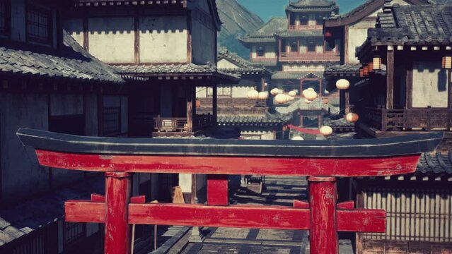 A vibrant red gate standing before a picturesque row of traditional Japanese buildings