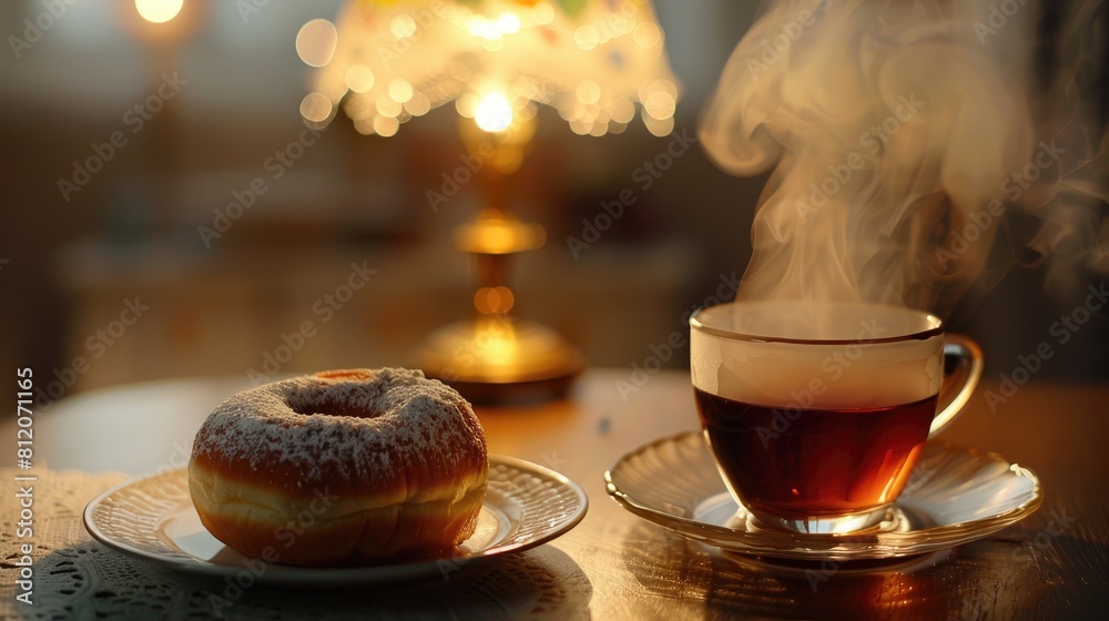 Canvas Prints A delightful scene unfolds as a donut and a steaming cup of tea come together in perfect harmony