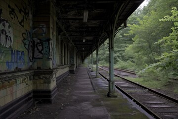 Fototapeta premium Melancholic Abandoned rail station. Iron track design. Generate AI