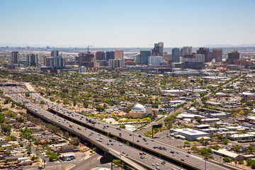 Phoenix, Arizona downtown skyline, aerial view looking from NW to SE