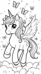 Cute little unicorn, pony in the sky with butterflies. Black and white linear drawing. For children's design of coloring books, prints, posters, cards, stickers, tattoos. Vector illustration, vertical