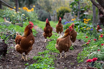 Fototapeta premium Poultry feeding on the street, chickens graze in nature in the garden, in the yard