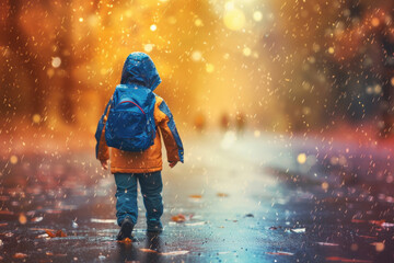 school boy walking on the street in rainy season