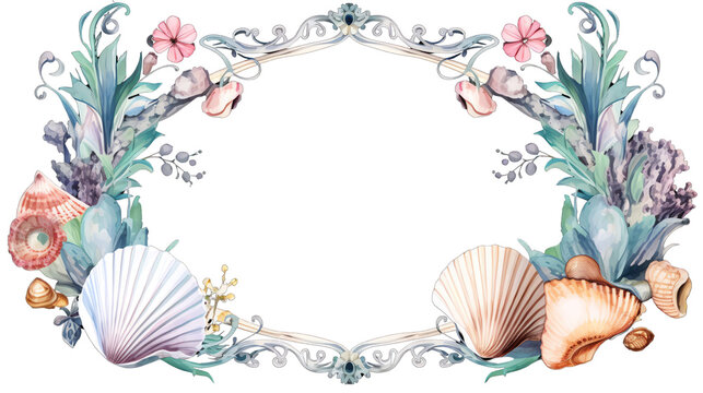 Watercolor clipart of a scalloped frame with marine algae and seashells, single object isolated on transparent background, perfect for seaside themed cards