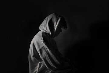 Depressed young man wearing a pale hoodie, sitting in the dark in black and white, for monitors 3:2