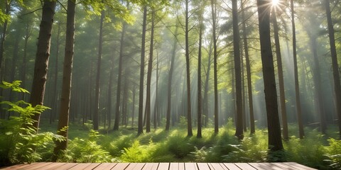 A sunny day in a forest with a wooden deck in the foreground