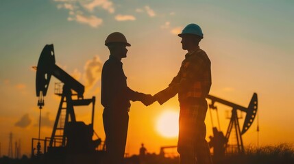 Obraz premium Silhouette of two engineers handshaking and making corporate contract outside in front of oil pump. People in helmets working in field at the oil