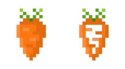 Obraz premium Carrot pixel icons Vector illustration on isolated background. Minimalistic 8-bit icon in retro style. Ideal for use in retro games, food labels, juice labels, kids products, or healthy lifestyle