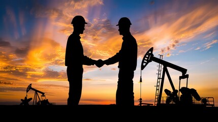 Obraz premium Silhouette of two engineers handshaking and making corporate contract outside in front of oil pump. People in helmets working in field at the oil