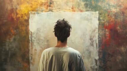 Obraz premium The back of an artists head a lone figure standing in front of a blank canvas pondering their next stroke with an intense stare and furrowed brows capturing the intense focus and dedication