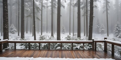 A snowy day in a forest with a wooden deck in the foreground