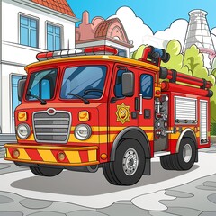 This vibrant illustration showcases a modern fire rescue vehicle fully equipped, rushing through a city to respond to an emergency, ideal for children's coloring.