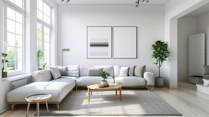 Fototapeta premium Modern living room with furniture in Scandinavian style