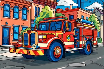 Fototapeta premium This vibrant illustration showcases a modern fire rescue vehicle fully equipped, rushing through a city to respond to an emergency, ideal for children's coloring.