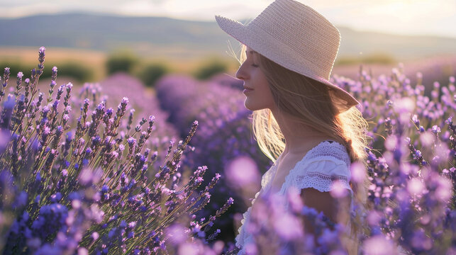 A woman in a field of blooming lavender, surrounded by the fragrance of the flowers.