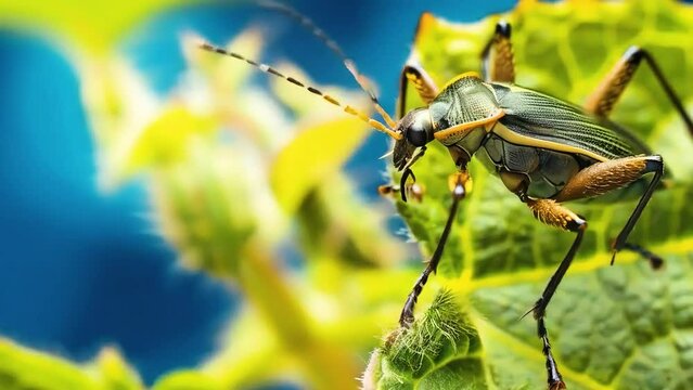 A brown and black insect  is perched on  a green leaf 