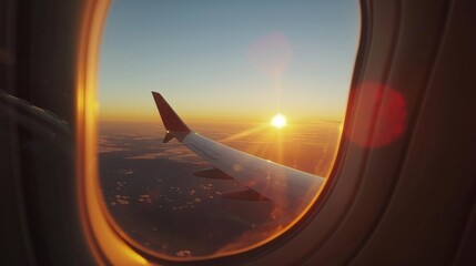 sunrise or sunset view from plane window, tourism and travel concept